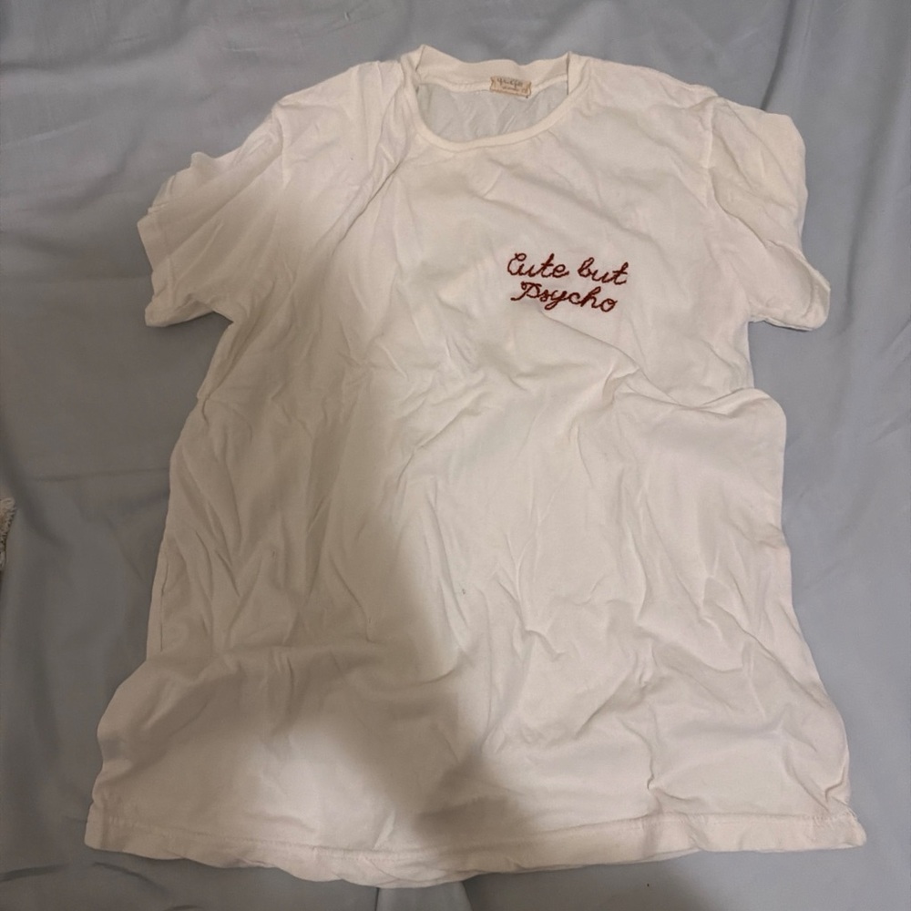 Brandy Melville White Tee with Red Embroidered 'Cute but Psycho'